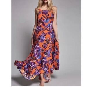 Free People Floral Maxi Dress Spaghetti Strap Backless Long Swing Dress Size 6